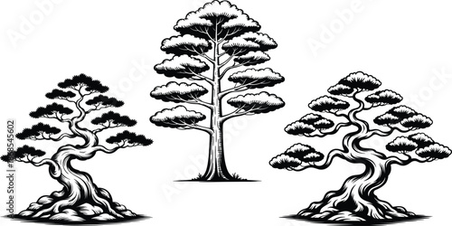 Stylized Bonsai Tree Collection Silhouette Vector Illustration.
