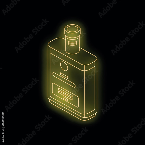 Isometric view of a glowing neon yellow whisky bottle on a black background, perfect for illustrating concepts related to alcohol, nightlife, or celebration