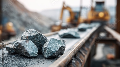 Wallpaper Mural Raw crushed stones on a conveyor belt at a quarry or mine site with blurred heavy machinery in the background Torontodigital.ca
