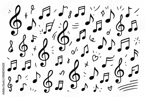 Hand-drawn doodle vector set of music notes and treble clefs created in a fun style, isolated on white background