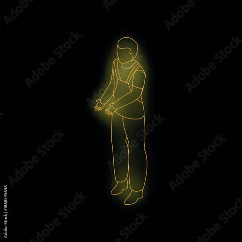 Worker wearing uniform and showing his hands, yellow neon style on black background