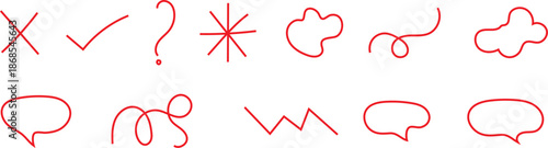 Red hand-drawn sketch symbols and irregular shapes for graphic design elements