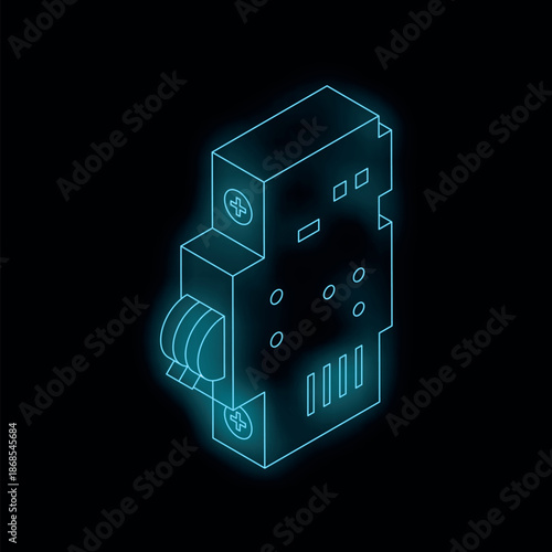 Neon blue circuit breaker glowing on black background, symbolizing electrical safety and power distribution in modern design