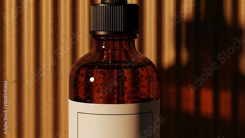 Amber bottle with dropper on wooden surface illustration