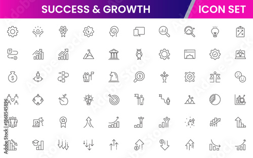 Success and growth icons illustrating achievement, progress, goals, upward trends, motivation, milestones, performance, strategy, and development.