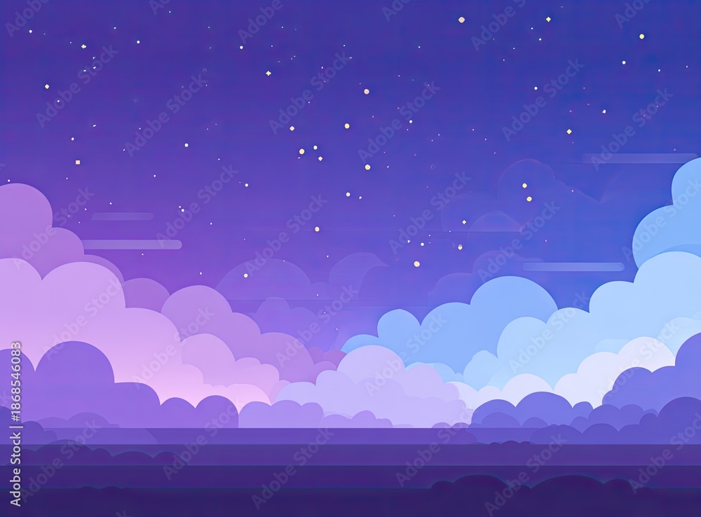 Obraz premium Animated cartoon scene depicts a vibrant night sky filled with clouds and twinkling stars