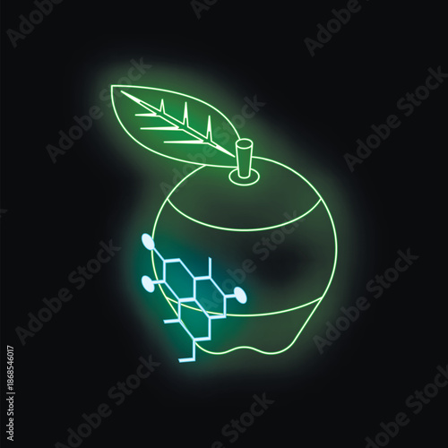 Neon green apple with leaf and chemical formula representing genetic engineering, food technology, and scientific advancements in agriculture