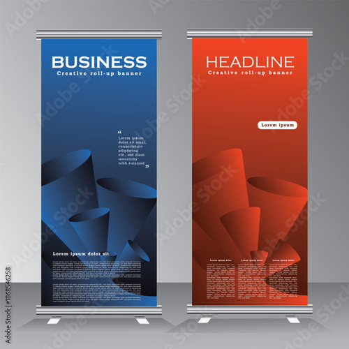 Business roll up banner template design for your event, vertical bannar, modern x-banner with red and blue colour, Bussiness standees banner advertising. roll up vector template,