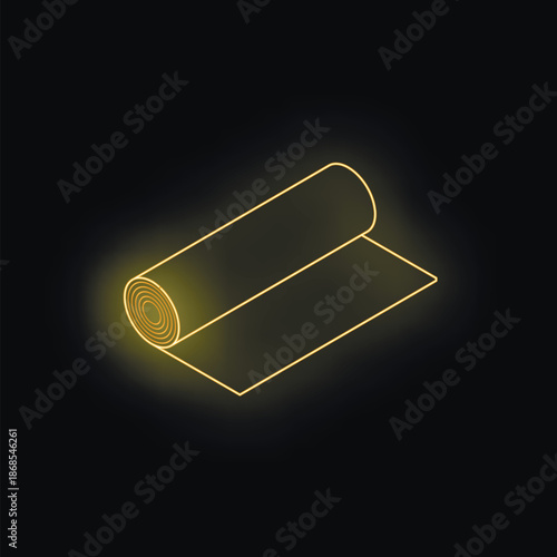 Neon yellow yoga mat partially rolled on dark background, glowing with isometric projection