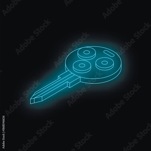 Neon blue key glowing on a dark background, symbolizing digital security and access in a technological world