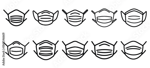 face mask medical health care outline icon set, line art minimal design