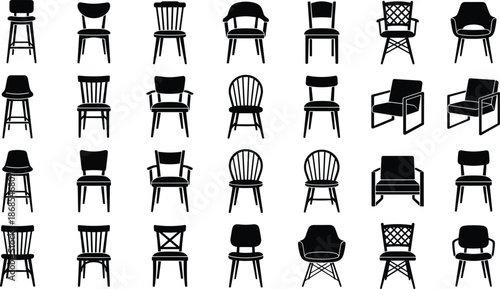 Collection of chair silhouettes showing various modern and classic seating designs, black furniture vector icons isolated on gray background for interior design, branding, catalog and digital illustra