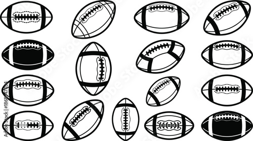 Set of American football ball silhouettes in multiple angles and styles, black and white sports vector icons isolated on gray background for branding, print, web and mobile design projects
