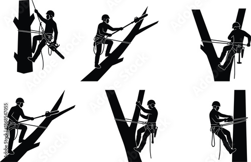 Set of arborist tree climber silhouettes performing rope access pruning and cutting tasks, black vector worker icons isolated on gray background for safety training, forestry, landscaping and industri