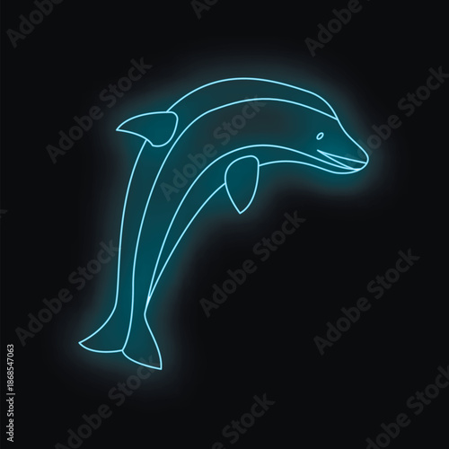 Light blue neon dolphin jumping on black background