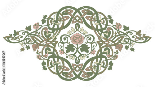 Elaborate Colored Celtic Knot Design with Roses and Leaves, Centered Decorative Motif on an Isolated White Background