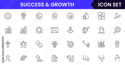 Success and growth icons illustrating achievement, progress, goals, upward trends, motivation, milestones, performance, strategy, and development.