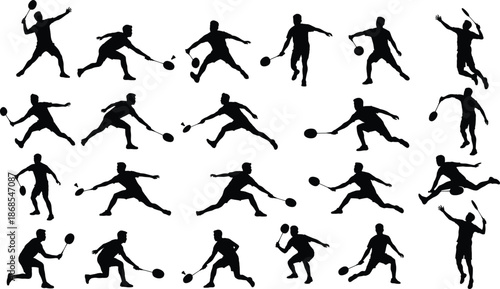 Set of badminton player silhouettes in dynamic action poses including smash, serve, jump and rally movements, black vector sport icons isolated on gray background for design and advertising
