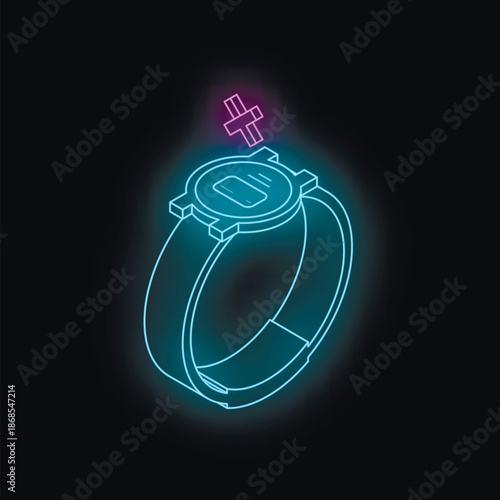 Neon smartwatch is showing disconnection from wireless network in isometric view on dark background