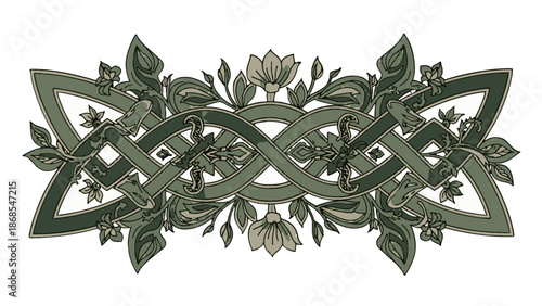Muted Green and Brown Celtic Knot Border with Floral and Leaf Elements, Traditional Decorative Design on an Isolated White Background