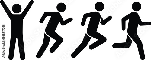 Black stick figure icons set showing a male athlete running sprinting jogging and celebrating victory with arms raised in success.