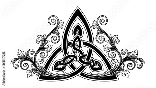 Bold Black and White Triquetra Celtic Knot with Ornate Swirls and Flourishes, Isolated White Background