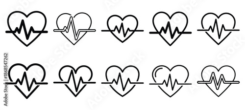 heartbeat pulse medical health care outline icon set, line art minimal design