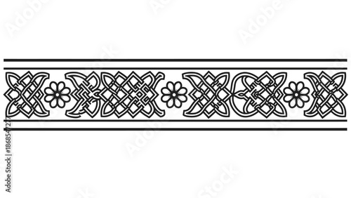 Classic Black and White Ornate Border with Celtic Knotwork and Floral Motifs, Isolated White Background