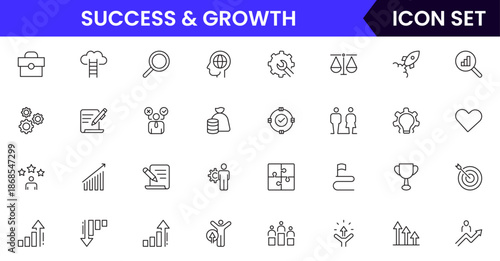 Success and growth icons illustrating achievement, progress, goals, upward trends, motivation, milestones, performance, strategy, and development.