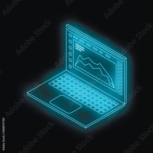 Neon blue isometric laptop showing decreasing graph on screen, representing financial downturn or declining performance