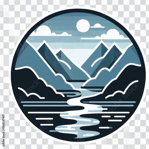 Scenic mountain landscape with river and clouds in a circular design.