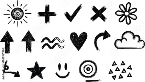Hand drawn sketchy doodle icons including hearts stars suns smiley faces arrows and check marks for social media design projects.
