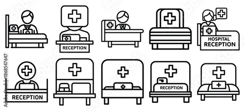 hospital reception medical health care outline icon set, line art minimal design