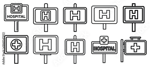 hospital sign medical health care outline icon set, line art minimal design