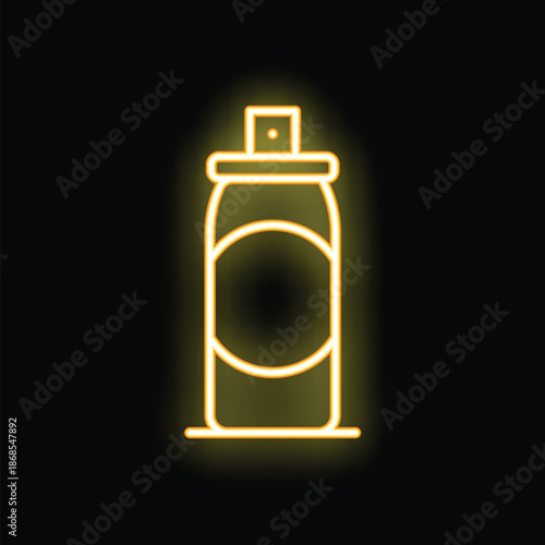 Neon yellow spray paint can glowing on black background, concept of street art and graffiti