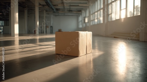 Wallpaper Mural Single cardboard box on concrete floor in a large empty sunlit warehouse Torontodigital.ca