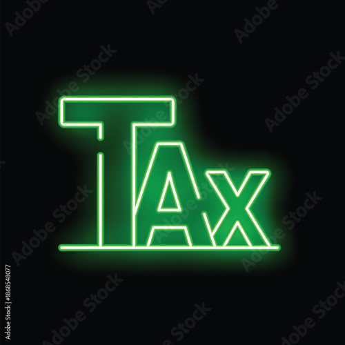 Glowing green neon sign showing the word tax on a black background