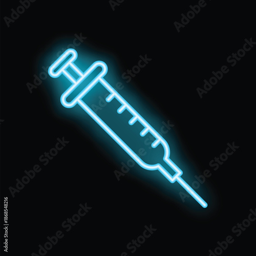 Blue neon syringe glowing on black background, concept for vaccination, medical treatment or drug addiction