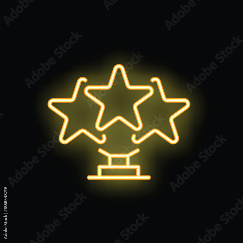 Neon sign representing three stars standing on a podium, symbolizing a high quality rating