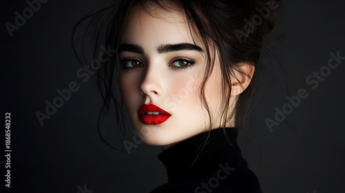 Woman with Bold Red Lipstick Looking Confidently at Camera, Dramatic Studio Lighting, Beauty Portrait for Makeup Ad or Brand Promotion.