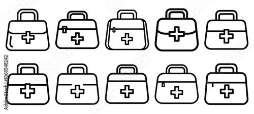 medical bag medical health care outline icon set, line art minimal design