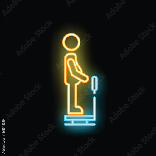 Neon sign representing an overweight man checking his weight on scales on a black background