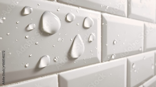 Wallpaper Mural Close-up of water droplets on white beveled subway tiles in a bathroom or kitchen setting Torontodigital.ca