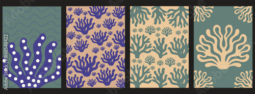 Summer Tropical Underwater Coral Pattern Backgrounds Set. sea coral shapes and organic marine forms. vector illustration