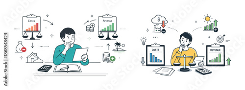 Asian adult male and female analyzing business costs and revenue for financial planning