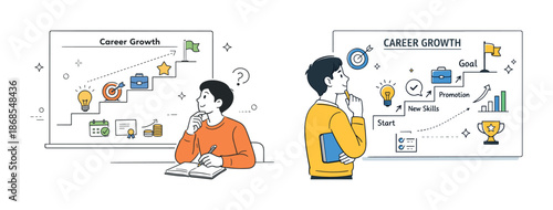 Male adult contemplating career growth path with goals and skills development chart