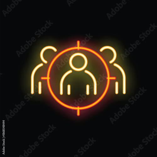 Neon sign of a target symbol focusing on a person, representing headhunting and customer targeting