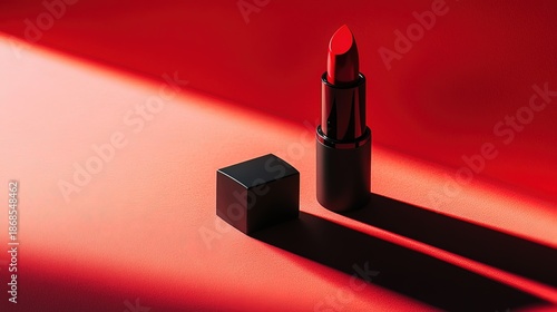 Bold Red Lipstick Isolated on Plain Background with Dramatic Shadow, Minimalist E-commerce Photography.