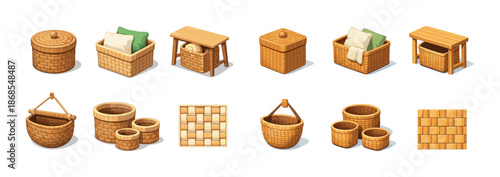 Collection of decorative wicker baskets and wooden furniture