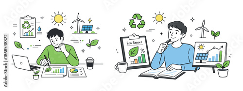 Young asian male environmentalist analyzing eco-friendly reports with renewable energy elements